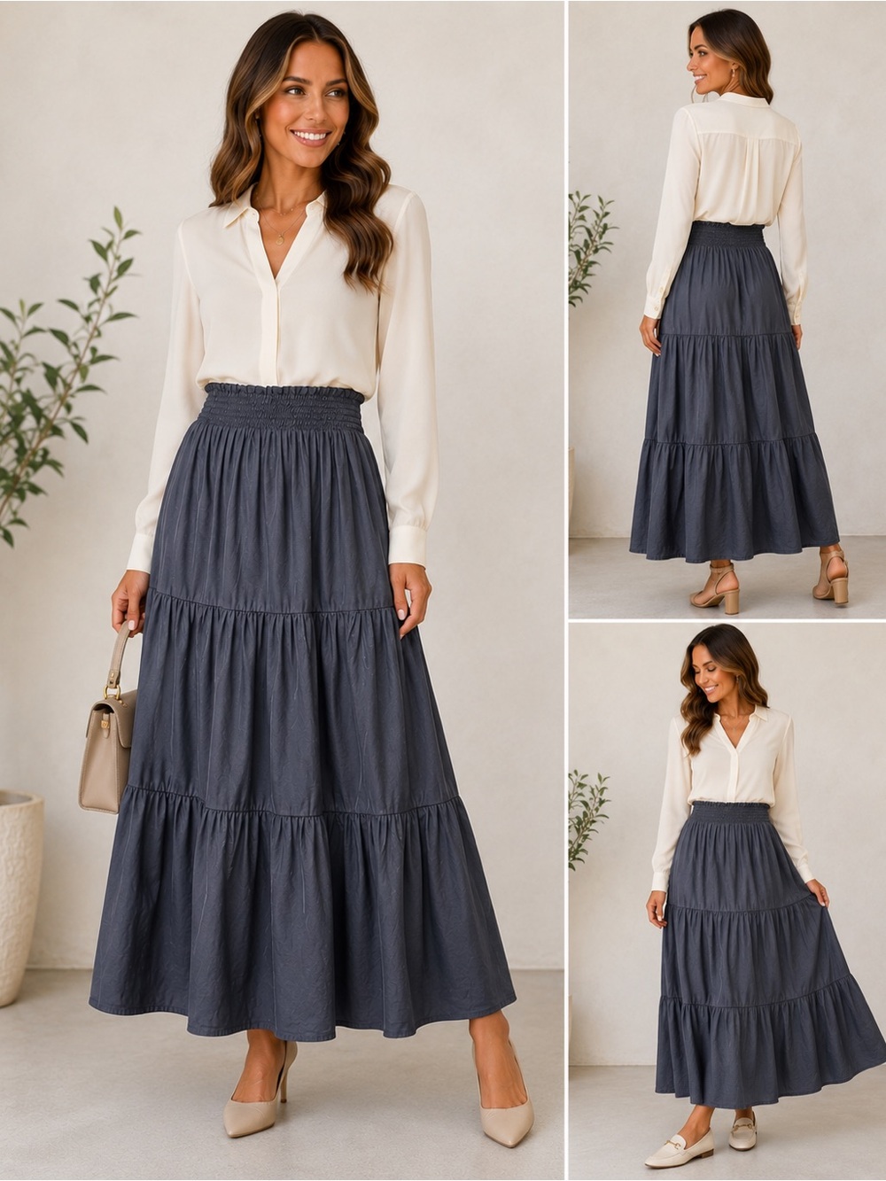 Love & Piece Collection Women’s M Charcoal Gray Tiered Maxi Skirt Smocked Waist